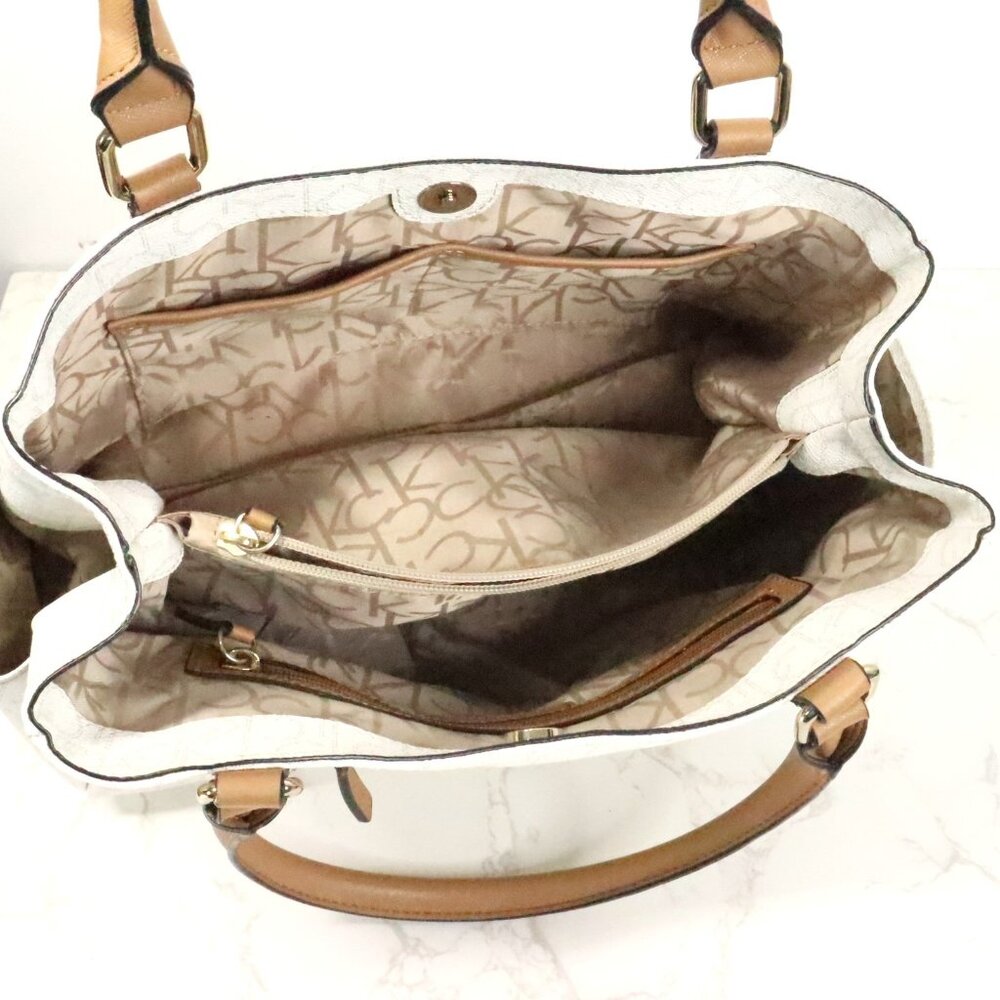 Calvin Klein Hudson White Signature Monogram Logo Pebbled Satchel Handbag Purse - Picture 8 of 9